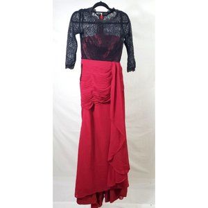 Size 4 Grace Karin Black Lace 3/4 Sleeve Red Chiffon Floor Length Evening Gown